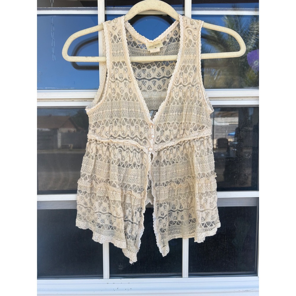 Pretty Good Cream Lace Sleeveless Tiered Ruffle Vest BohoSheer Festival Medium